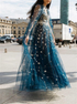 A Line Long Sleeves Blue Tulle Prom Dress with Embroidery LBQ3588